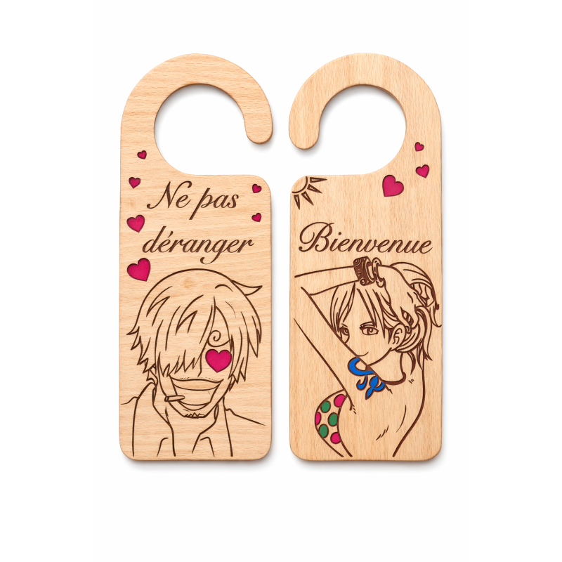 View of both sides of the One Piece Sanji and Nami engraved wooden door hanger
