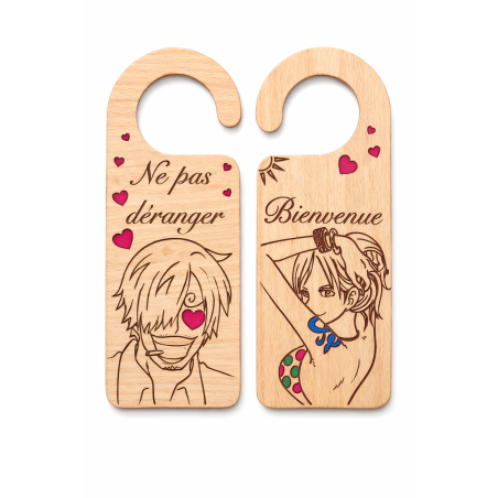 View of both sides of the One Piece Sanji and Nami engraved wooden door hanger