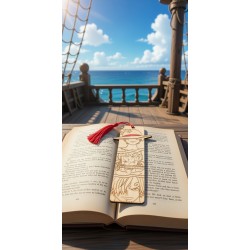 Marque-page en bois One Piece Luffy Zoro Sanji sur un livre