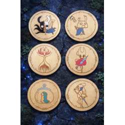 Hollow Knight wooden coasters, top view presentation