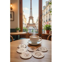 Clair Obscur Expedition 33 Wooden Coasters used on a table in Paris café