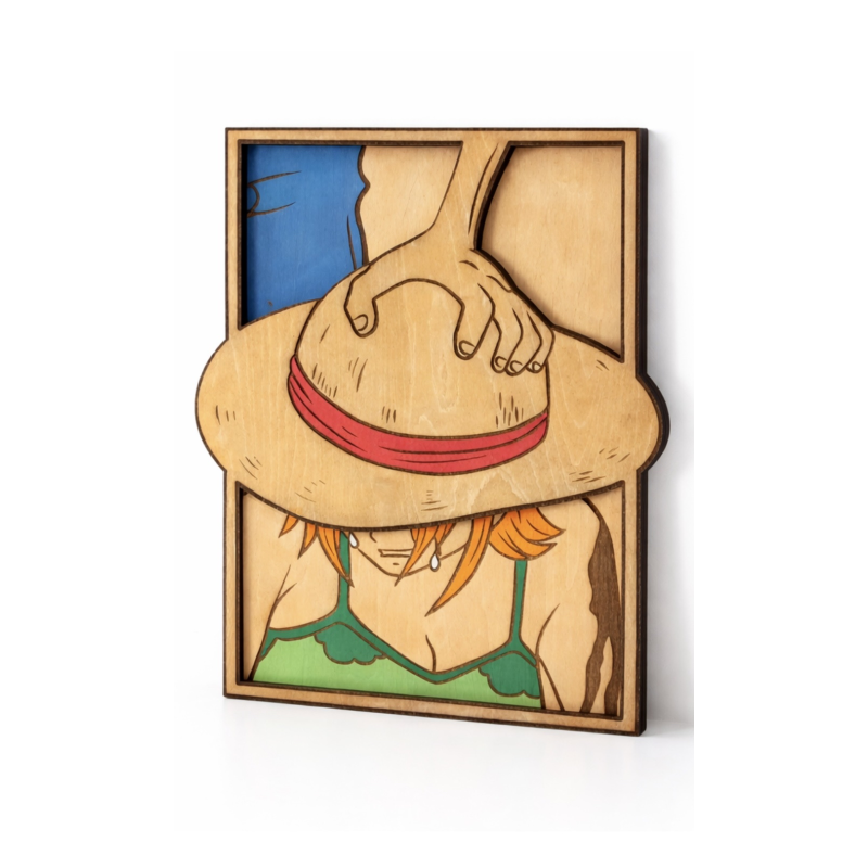 Tableau manga en bois relief Luffy & Nami – décoration murale artisanale