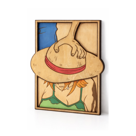 Tableau manga en bois relief Luffy & Nami – décoration murale artisanale