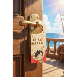 One Piece Luffy wooden door hanger Do Not Disturb hanging on a door
