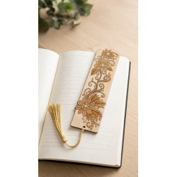 Engraved Wooden Bookmark – Floral Design with Golden Tassel on a notebook
