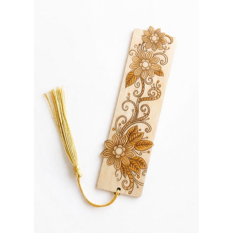 Engraved Wooden Bookmark – Floral Design with Golden Tassel