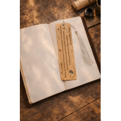 Quicksilver wooden bookmark, back view, placed on an open book