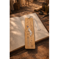 Quicksilver wooden bookmark, front view, placed on an open book