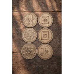 Fourth Wing - 6 engraved wooden coasters featuring a fantasy, romance & dragons universe, placed on a table in Blois