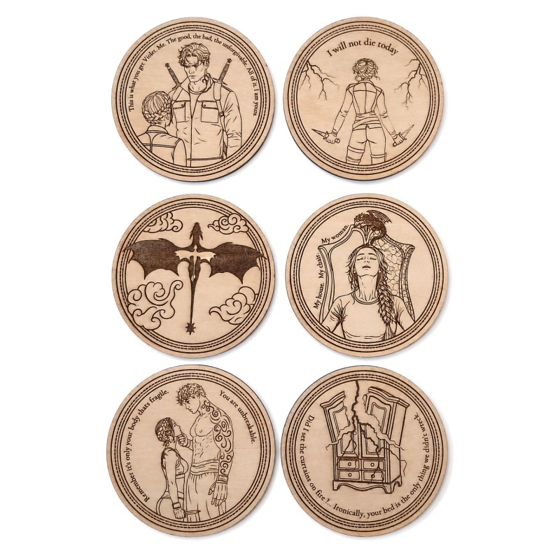 Fourth Wing - 6 Sous-verres en bois gravés Univers fantasy, romantasy & dragons