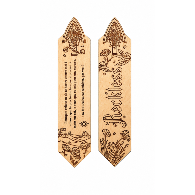 Marque-page Reckless en bois gravé – recto verso